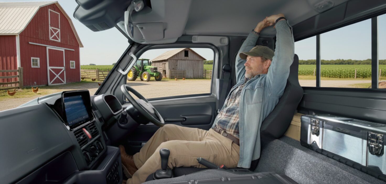 Interior of Suzuki Super Carry DA16T Japanese mini truck -- January 2026 refresh shown from left front