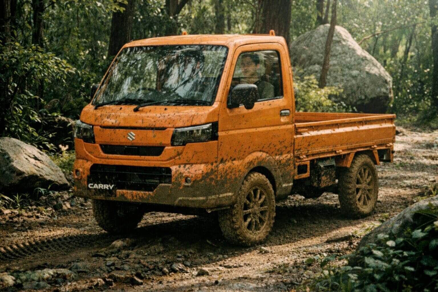 Refreshed look DA16T Suzuki Carry in orange driving off-road