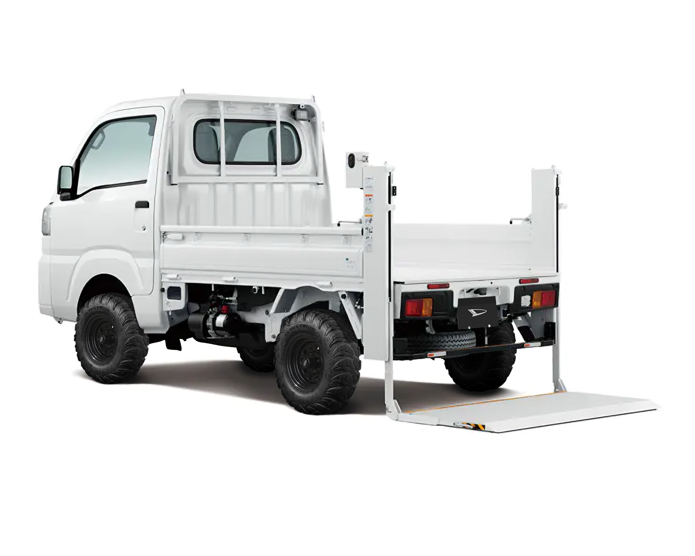 Daihatsu Hijet Tail Lift mini truck in white brochure-style from left-rear