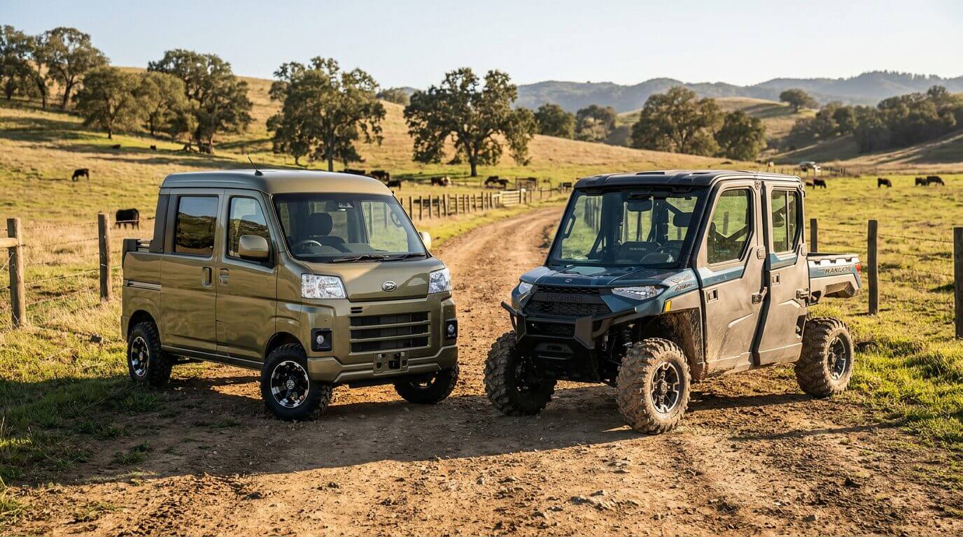 Daihatsu Hijet Deckvan vs. Polaris Ranger Crew XP 1000 NorthStar on a muddy off-road track on a ranch