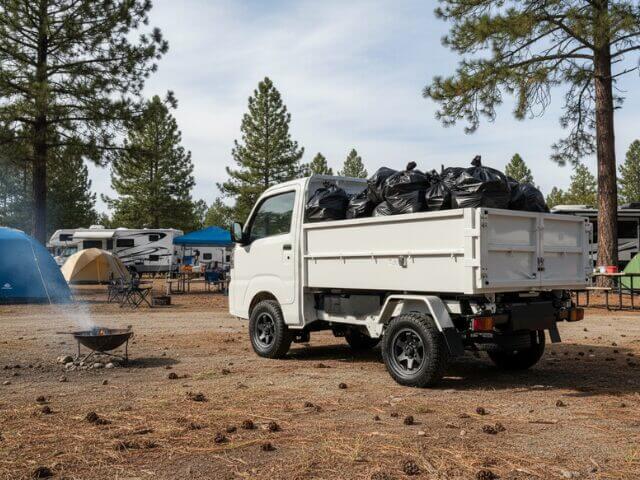 Daihatsu Hijet Cleaning Dump Japanese mini truck being used on a campsite