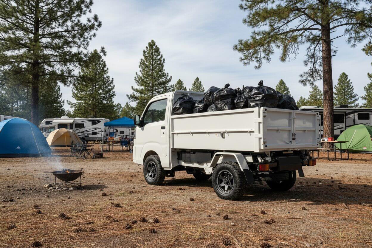 Daihatsu Hijet Cleaning Dump Japanese mini truck being used on a campsite (large)