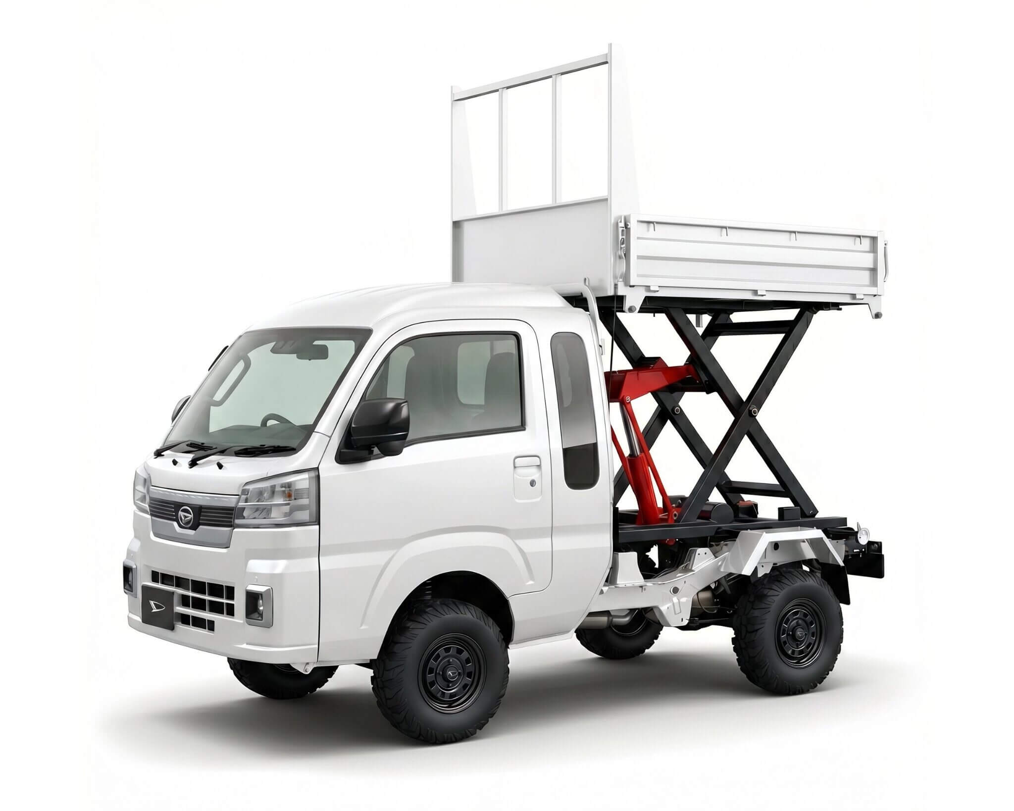Daihatsu Hijet Jumbo Scissor Dump 4x4 Japanese mini truck in white from the left front with the bed raised as a platform
