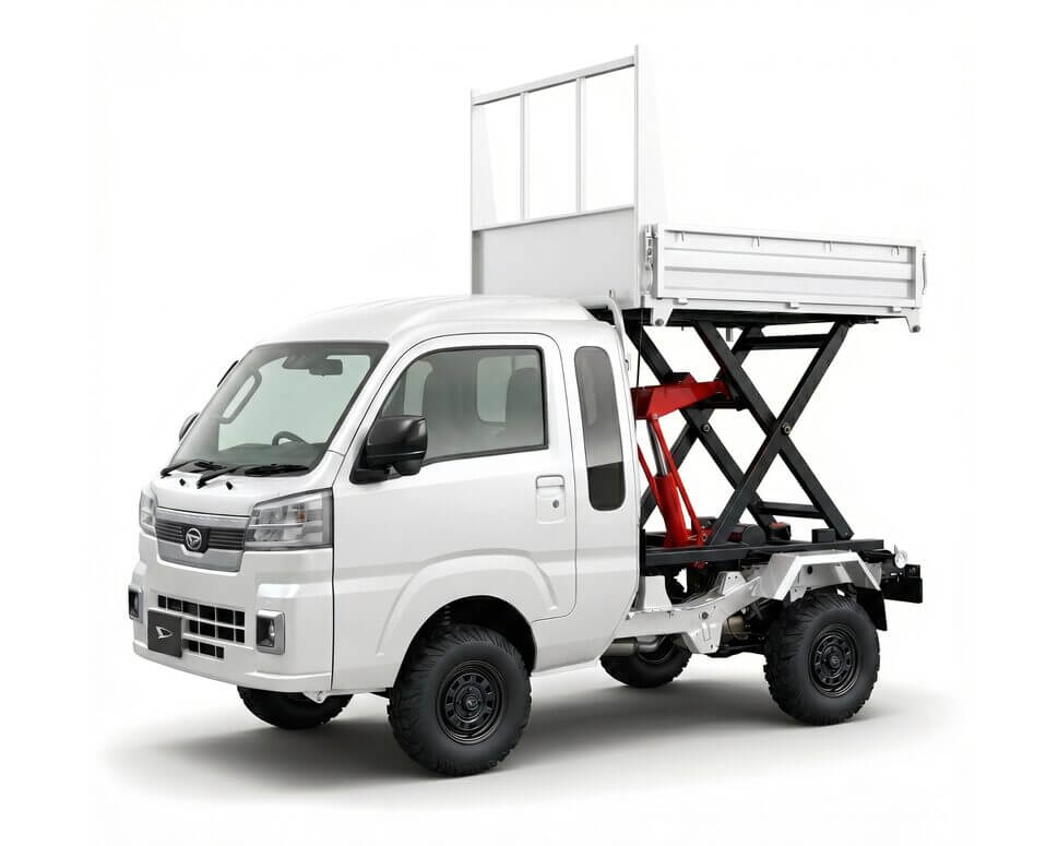 Daihatsu Hijet Jumbo Scissor Dump 4x4 Japanese mini truck in white from the left front with the bed raised as a platform