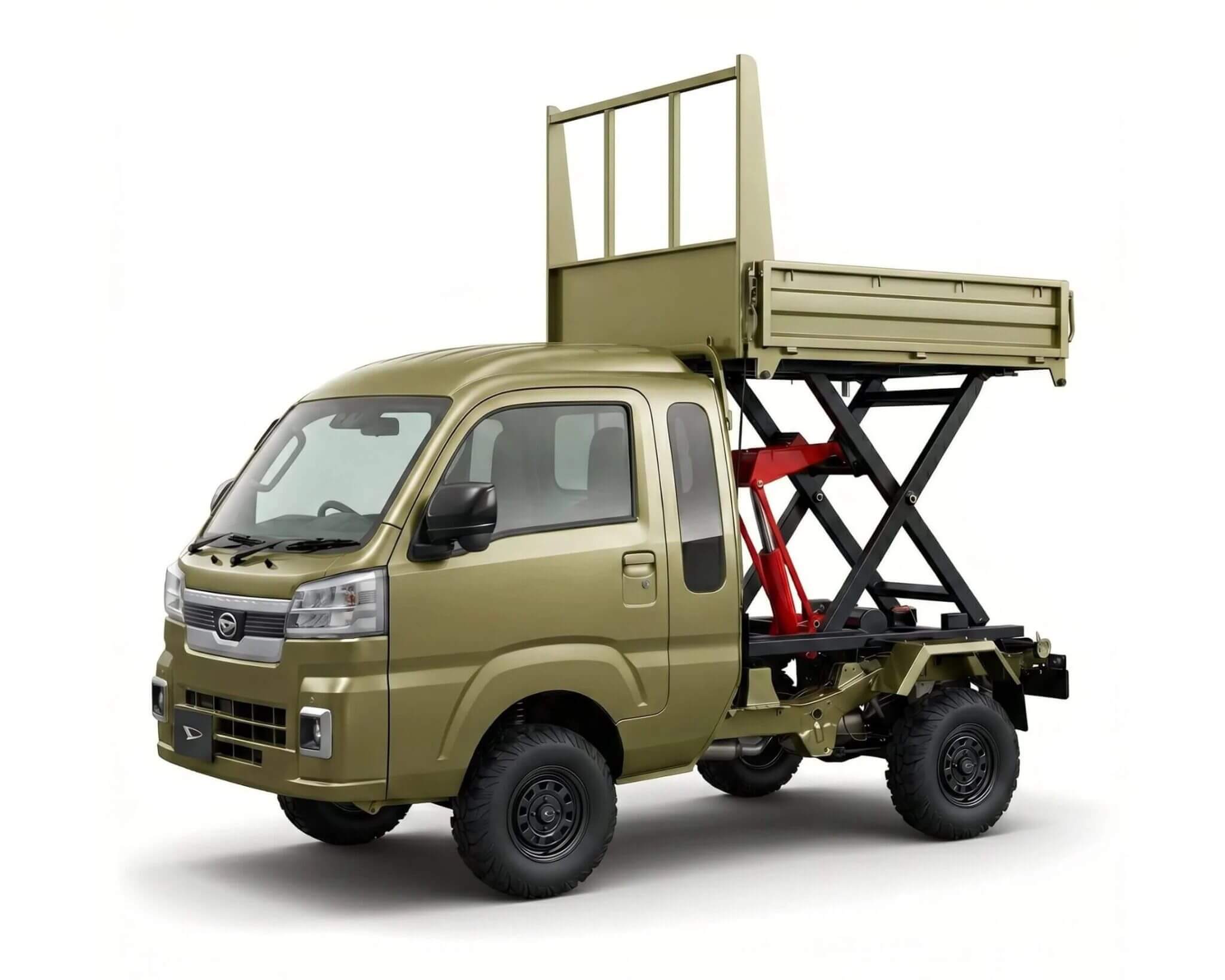 Daihatsu Hijet Jumbo Scissor Dump 4x4 Japanese mini truck in green from the left front with the bed raised as a platform