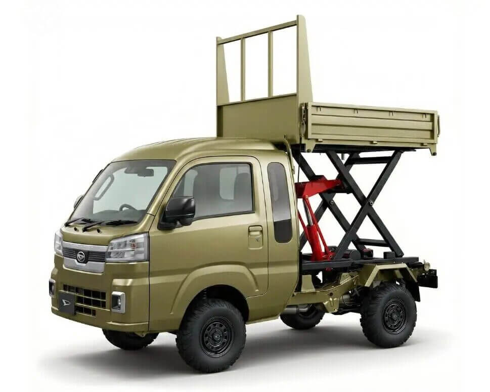 Daihatsu Hijet Jumbo Scissor Dump 4x4 Japanese mini truck in green from the left front with the bed raised as a platform