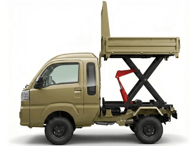 Daihatsu Hijet Jumbo Scissor Dump 4x4 Japanese mini truck in green from the left side with the bed raised as a platform