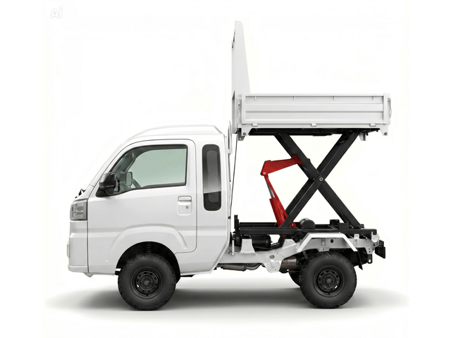 Daihatsu Hijet Jumbo Scissor Dump 4x4 Japanese mini truck in white from the left side with the bed raised as a platform
