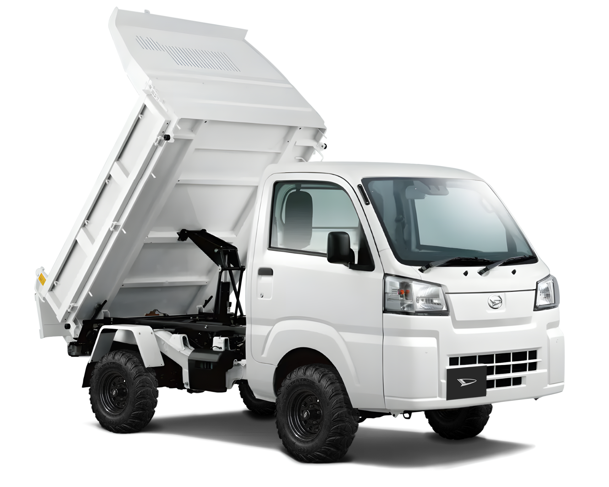 Daihatsu Hijet HD Dump with bed raised from right front in a brochure-style picture