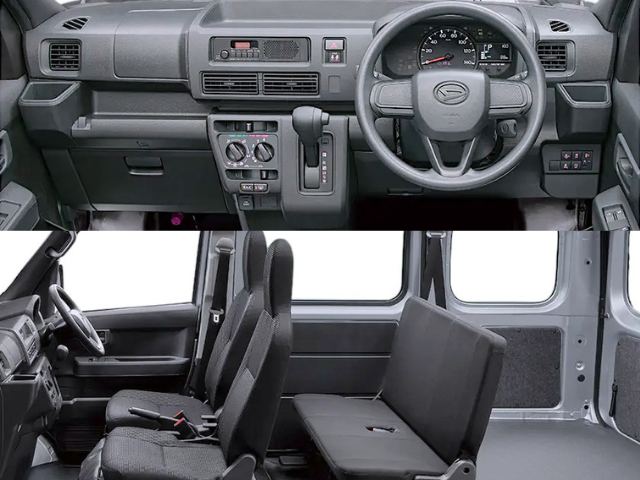 Brochure-style interior views of the CVT Daihatsu Hijet Cargo 4x4 Japanese mini truck