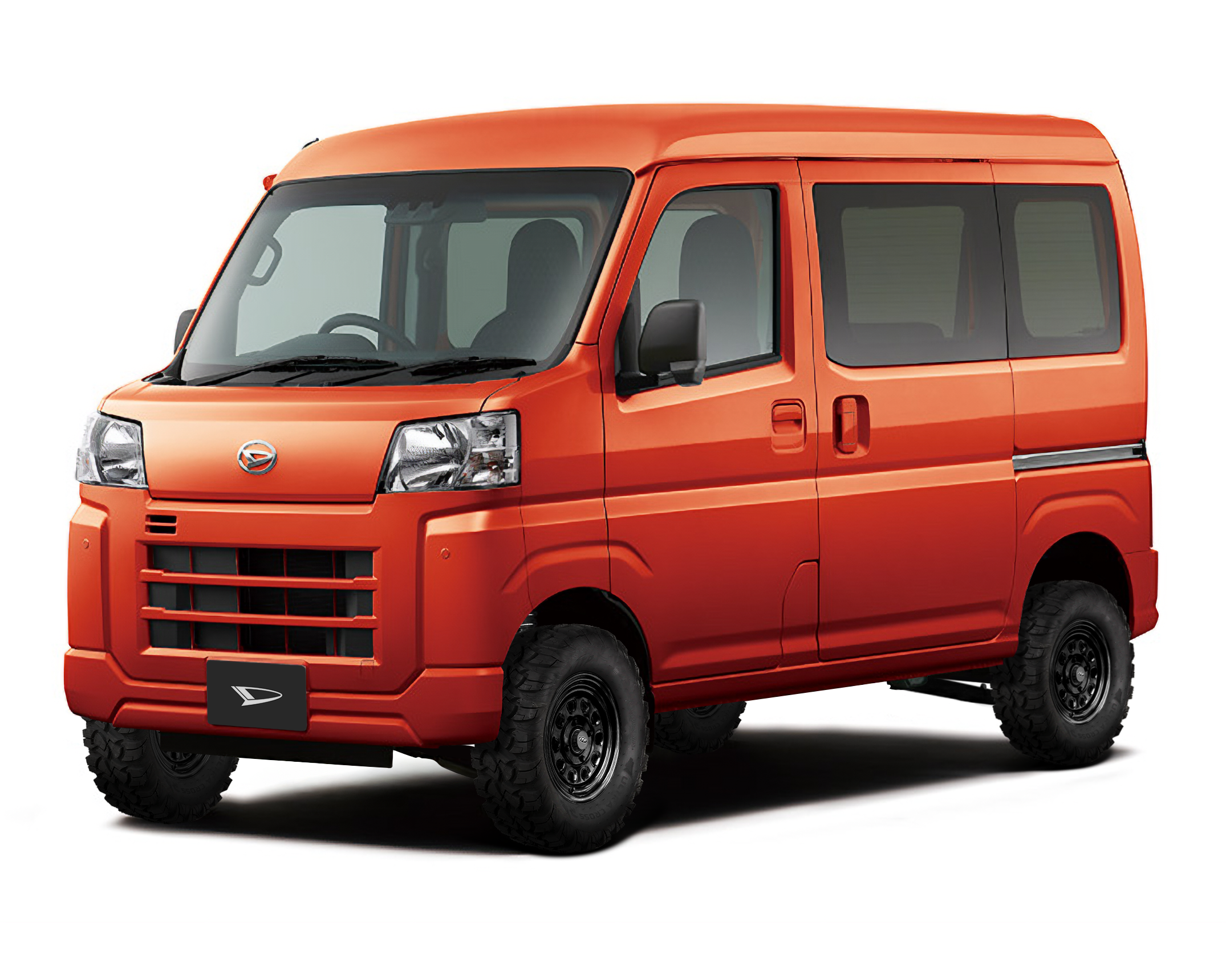 Daihatsu Hijet Cargo van-body 4x4 Japanese mini truck in orange from left front