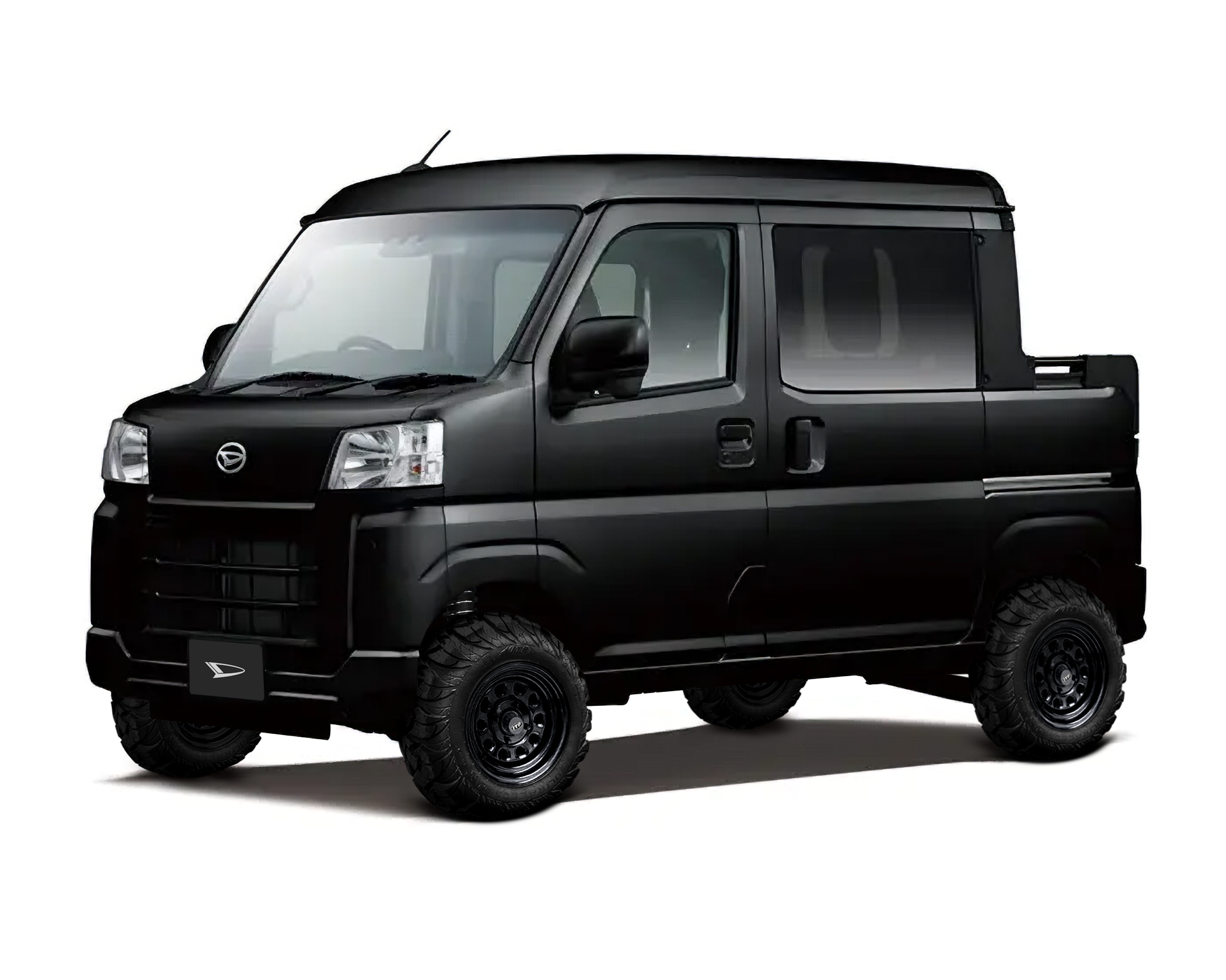 Daihatsu Hijet Deckvan 4x4 Japanese mini truck in black brochure-style image from left front