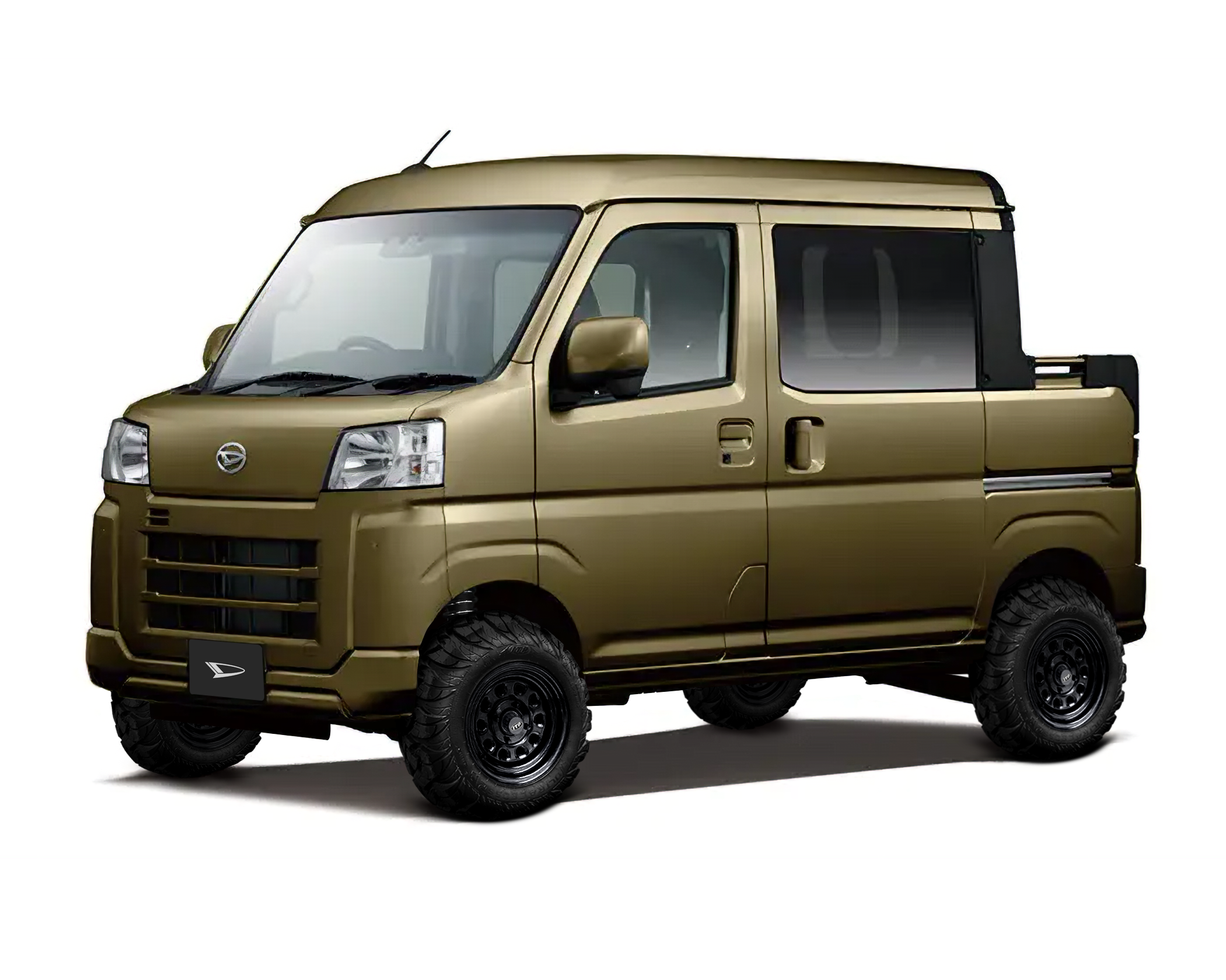 Daihatsu Hijet Deckvan 4x4 Japanese mini truck in green brochure-style image from left front