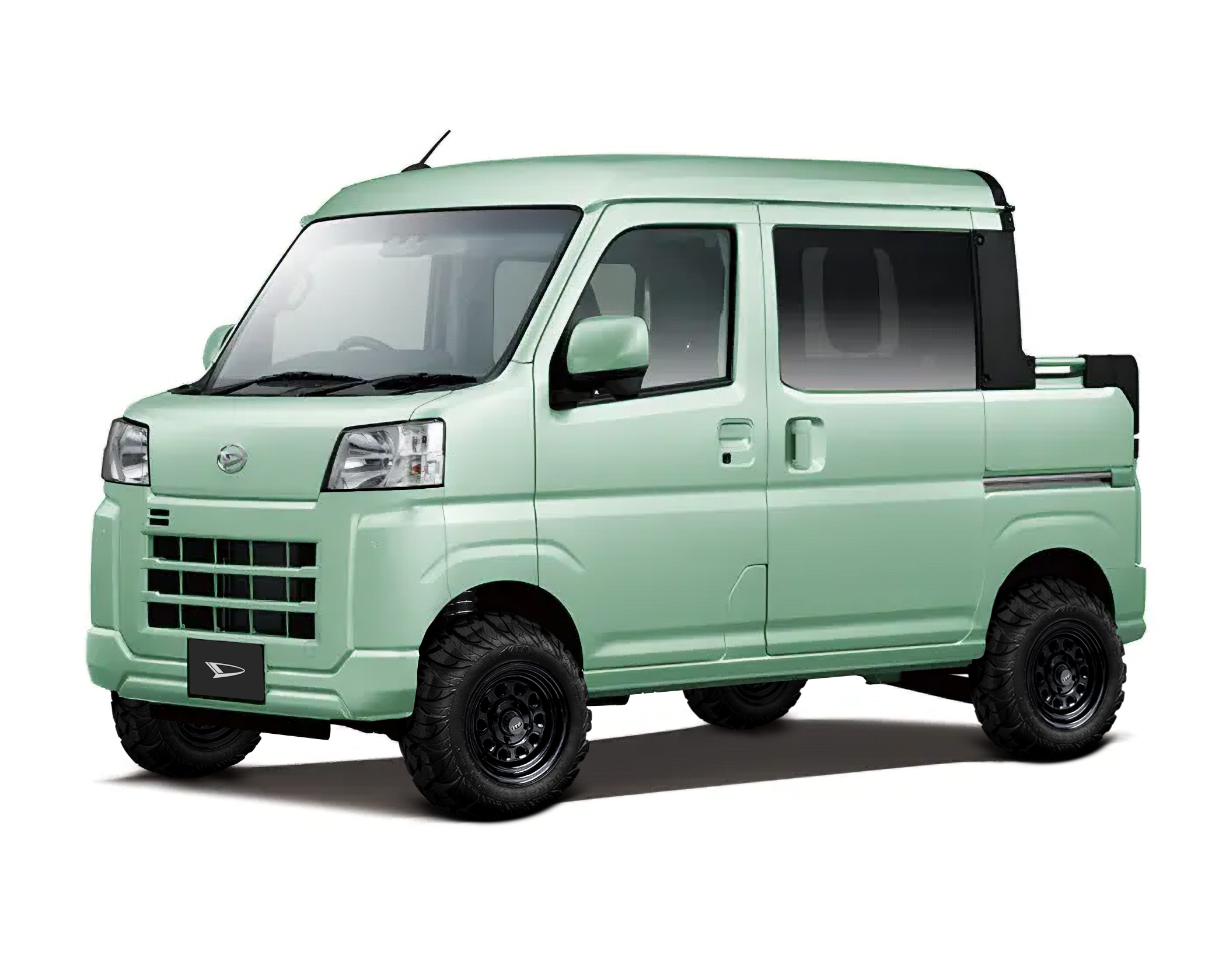 Daihatsu Hijet Deckvan 4x4 Japanese mini truck in ice green brochure-style image from left front
