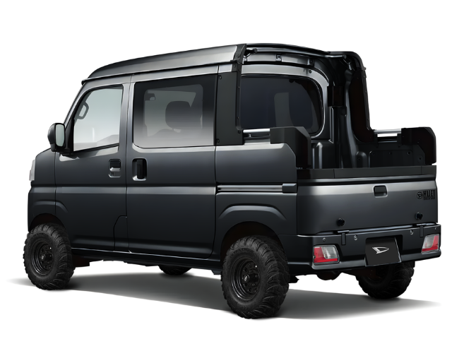 Daihatsu Hijet Deckvan 4x4 Japanese mini truck in black brochure-style image from left rear