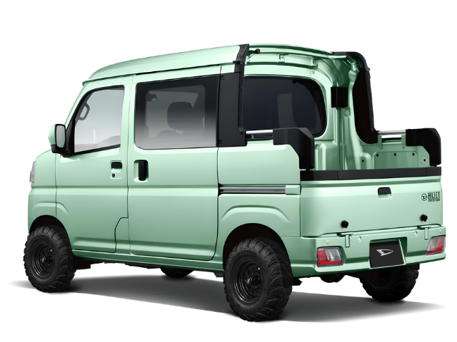Daihatsu Hijet Deckvan 4x4 Japanese mini truck in ice green brochure-style image from left rear