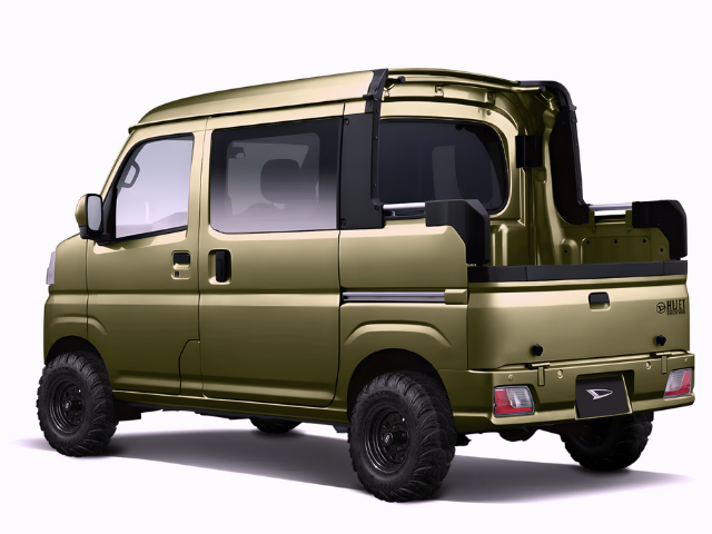 Daihatsu Hijet Deckvan 4x4 Japanese mini truck in khaki green brochure-style image from left rear