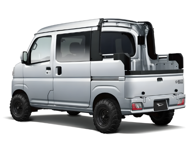 Daihatsu Hijet Deckvan 4x4 Japanese mini truck in silver brochure-style image from left rear