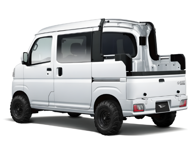 Daihatsu Hijet Deckvan 4x4 Japanese mini truck in white brochure-style image from left rear