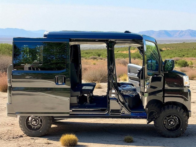 Daihatsu Hijet Deckvan in black from right side with rear doors open