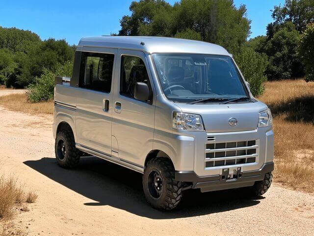 Daihatsu Hijet Deckvan in silver 4x4 off-road Japanese mini truck from right front