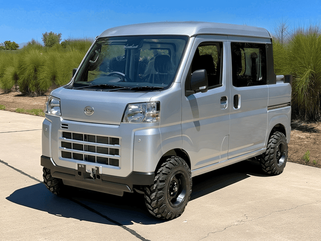 Daihatsu Hijet Deckvan in silver 4x4 off-road Japanese mini truck from left front