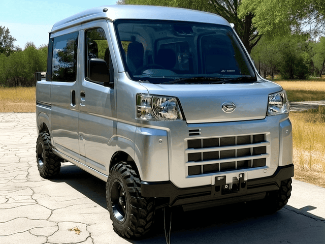 Daihatsu Hijet Deckvan in silver 4x4 Japanese mini truck from right front