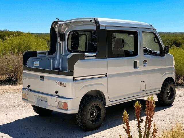 Daihatsu Hijet Deckvan in silver 4x4 off-road Japanese mini truck from right rear
