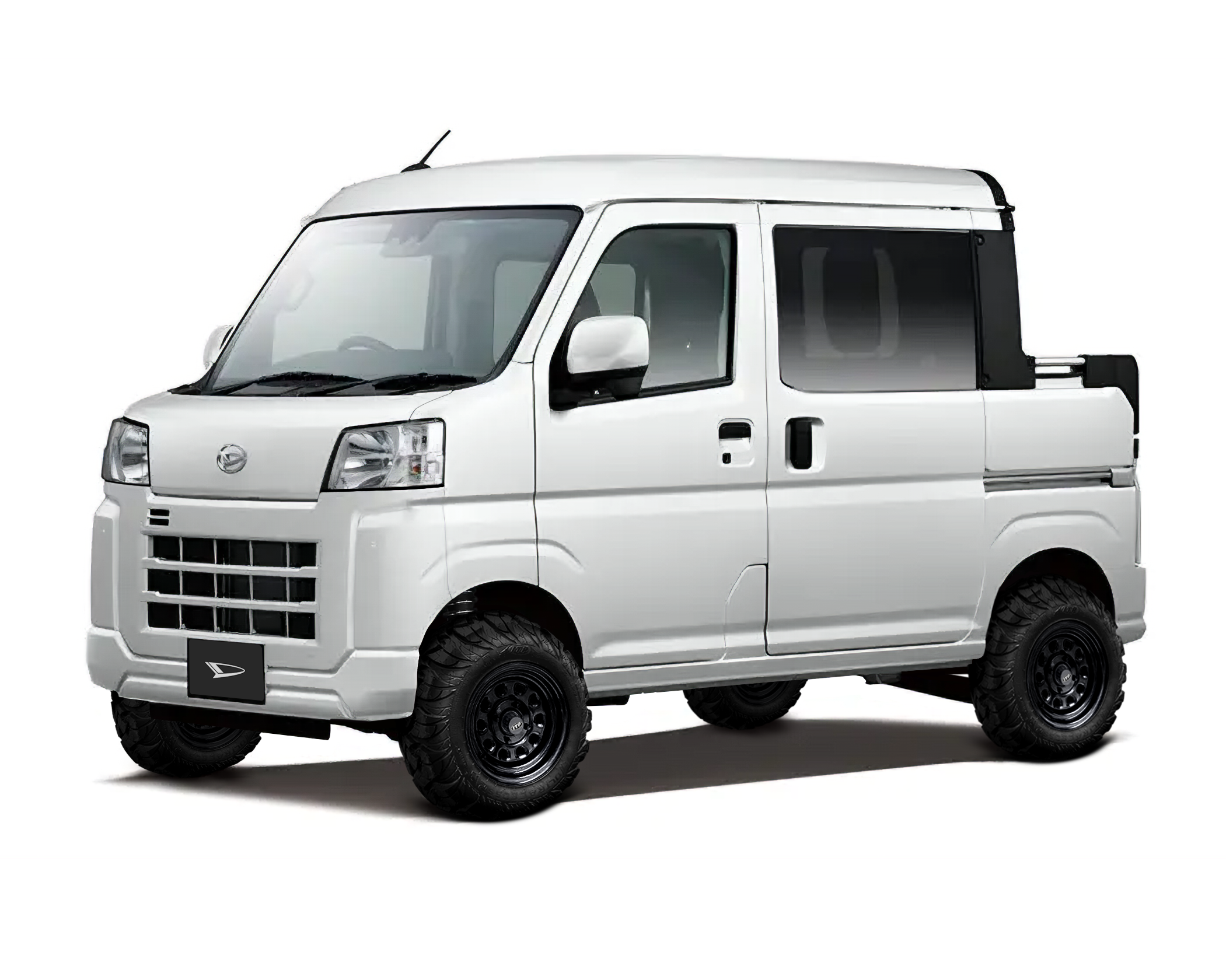 Daihatsu Hijet Deckvan 4x4 Japanese mini truck in white brochure-style image from left front