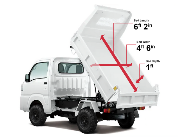 Daihatsu Hijet HD Dump load bed dimensions (6ft 2 in long, 4 ft 6 inch wide, 1 ft deep)