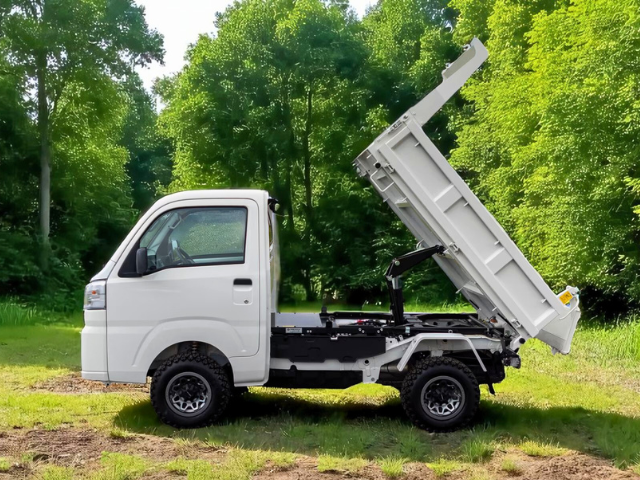 Daihatsu Hijet HD Dump model in field with bed raised from left side