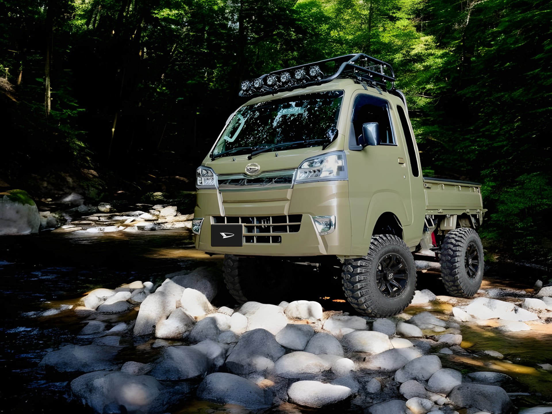 Daihatsu Hijet Jumbo Japanese mini truck in green offroad on a stream bed