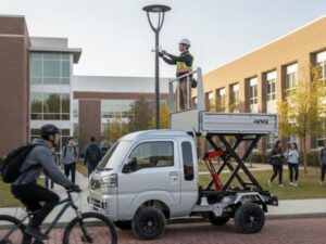 Daihatsu Hijet Jumbo scissor lift dump Japanese mini truck showing commercial off-road use on private college campus