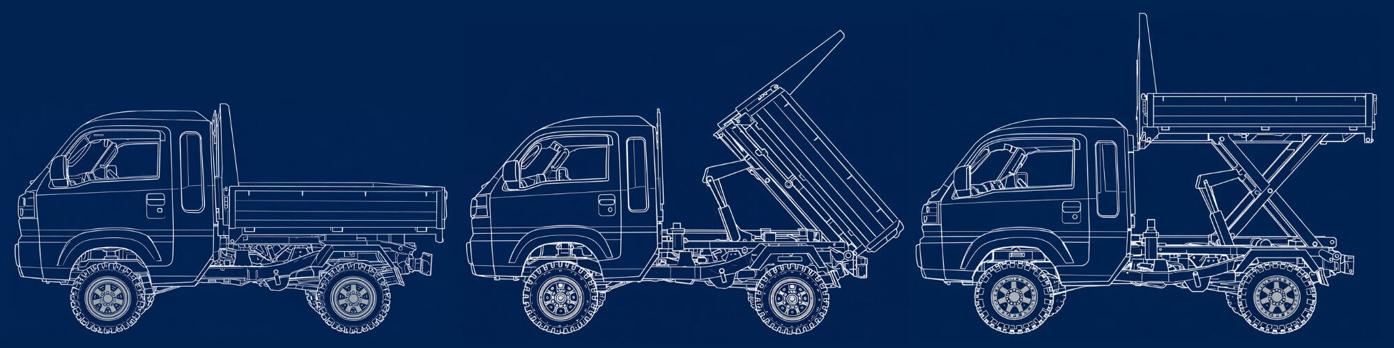 Daihatsu Hijet Jumbo Scissor Lift 4x4 off-road Japanese mini trucks in 3 poses showing the bed down, the bed tipped back, and the bed lifted