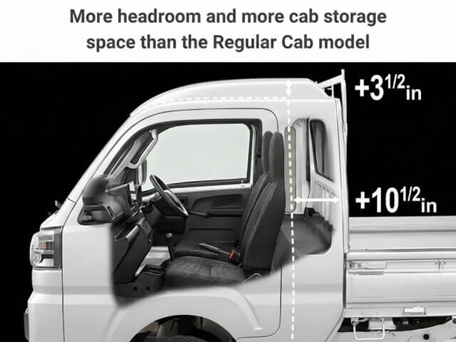 Extra cab space in Hijet Scissor Dump Japanese mini truck (white)