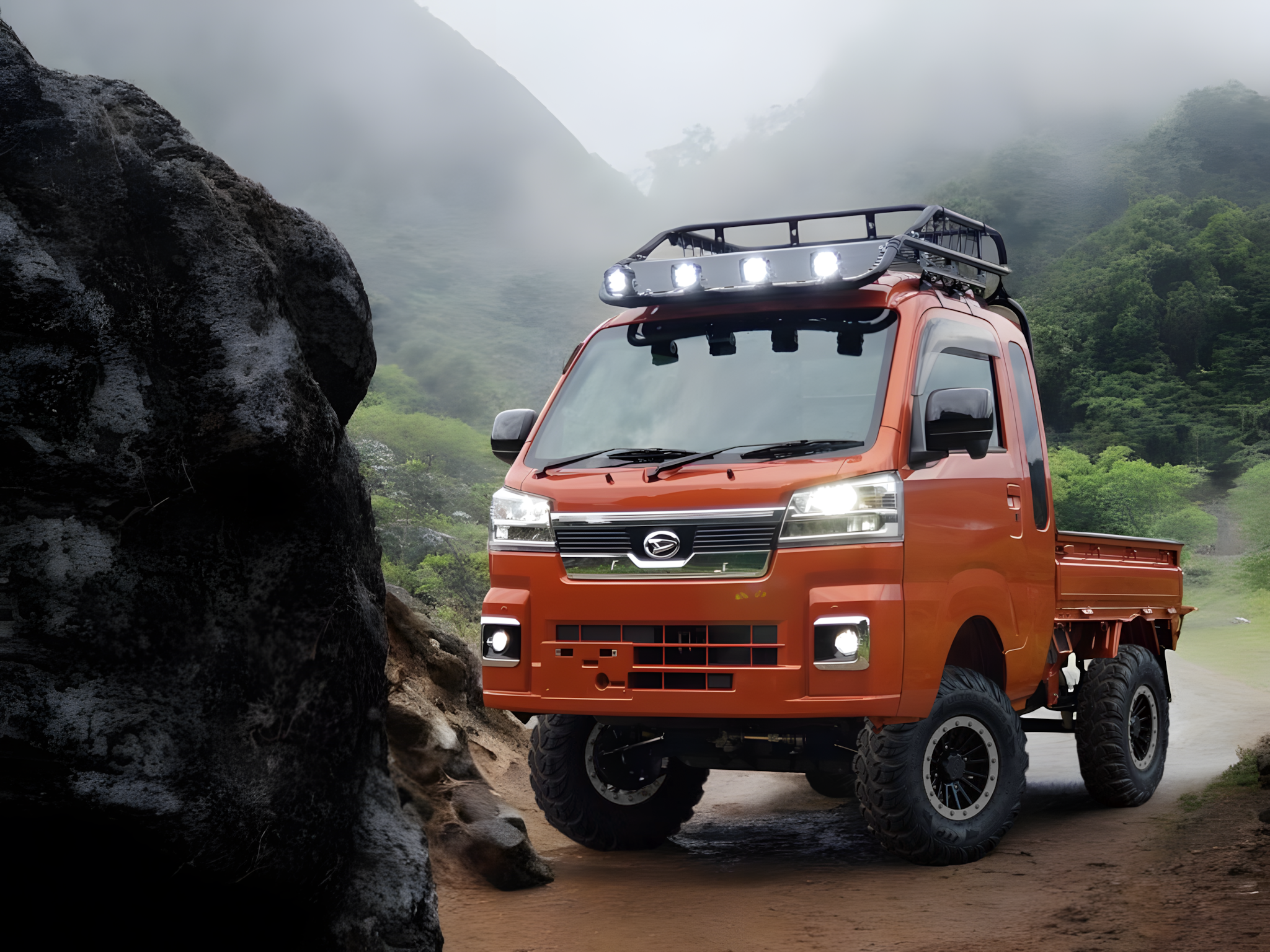 Daihatsu Hijet Jumbo 4WD Japanese mini truck with Hard Cargo accessories and light bar in a mountain forest scene