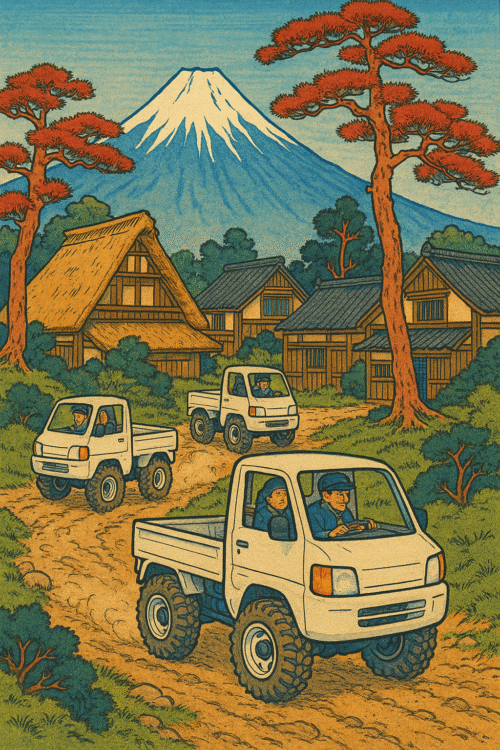 Japanese woodblock print showing mini trucks / kei trucks in front of Mount Fuji