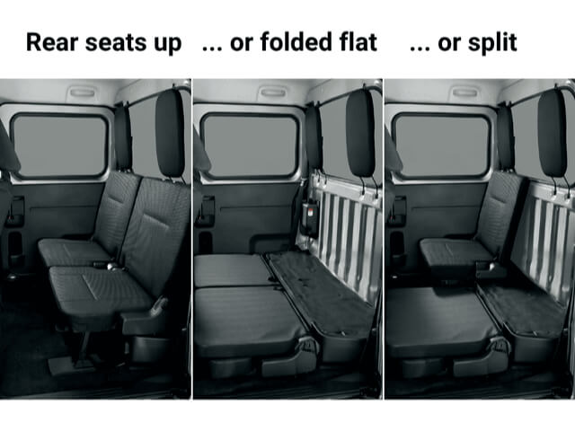 Daihatsu Hijet Deckvan rear seat area showing three seating configurations -- seats up, all seats folded down, or split one up and the rest down