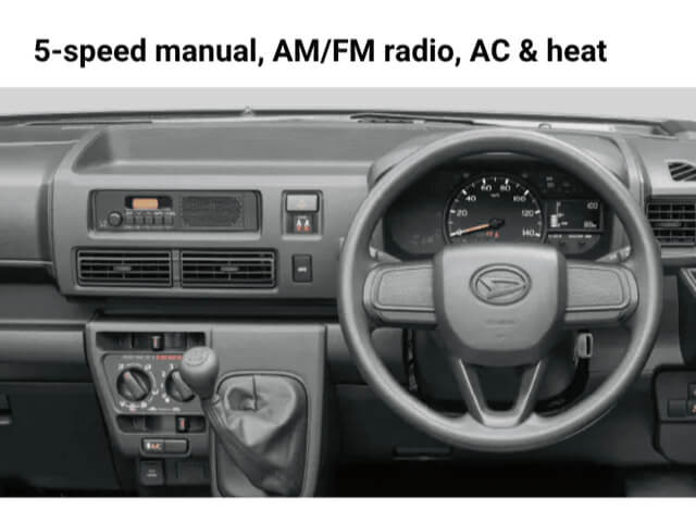 Daihatsu Hijet Deckvan 5-speed manual model showing gear selector, radio, AC & heat controls, and dashboard