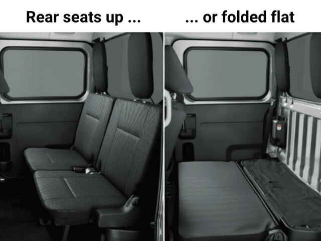 Daihatsu Hijet Deckvan rear seat area showing two seating configurations -- seats up, or all seats folded down