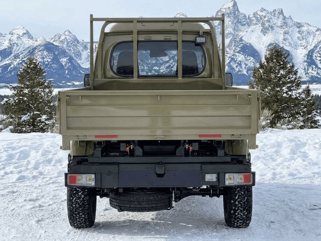 Hijet Scissor Dump Japanese mini truck in green / khaki seen from rear
