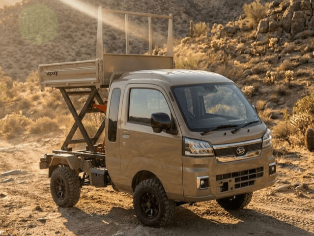 Daihatsu Hijet Jumbo model with Scissor Dump bed 4x4 Japanese mini truck in green seen from the right front with bed raised in the desert.