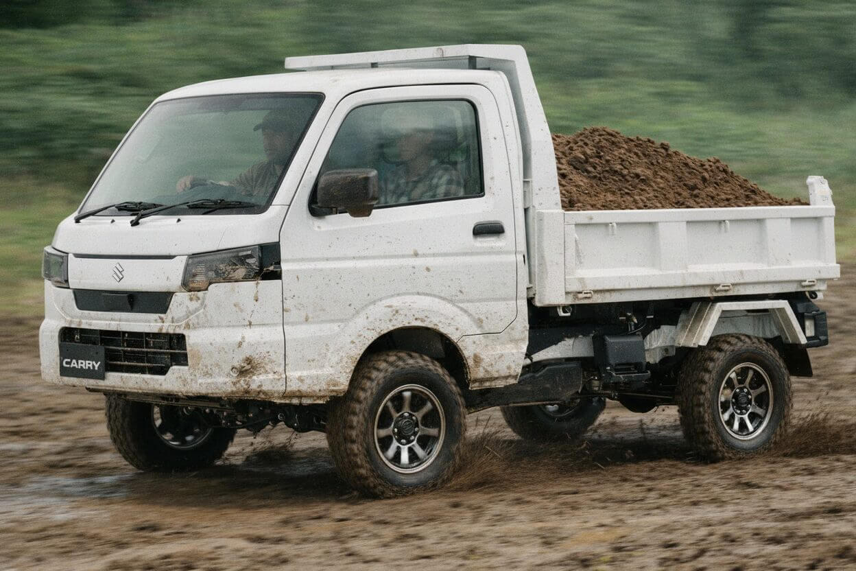 Suzuki Sturdy Dump (Joubu Dump in Japanese) 4x4 Japanese mini truck 2026 model driving off-road with dirt in the bed