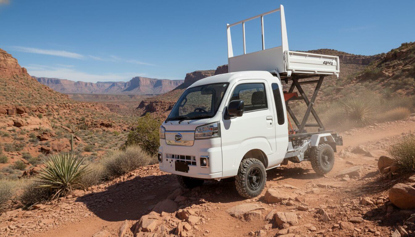 Daihatsu Hiijet Jumbo scissor dump 4x4 Japanese mini truck in white in a desert